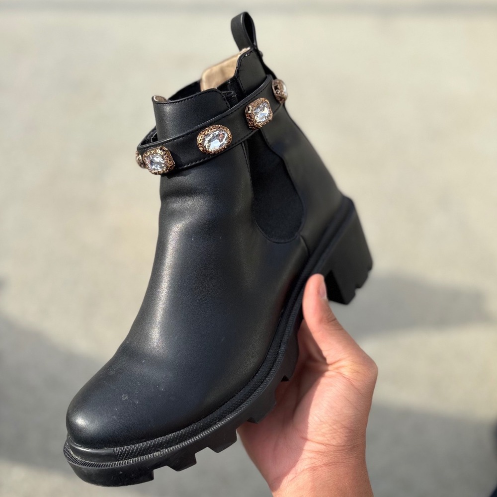 Steve Madden Amulet Black Lug Sole Ankle Boots Crystal Strap AMUL01S1 Mens 9M‎ - Picture 6 of 6